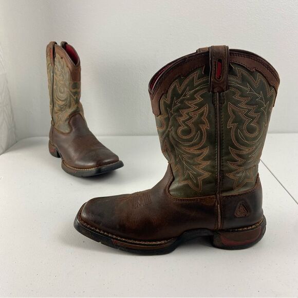 Rocky Kids 4M Long Range Western‎ Boot Brown/Green Leather Square Toe Farm Barn - Picture 12 of 13